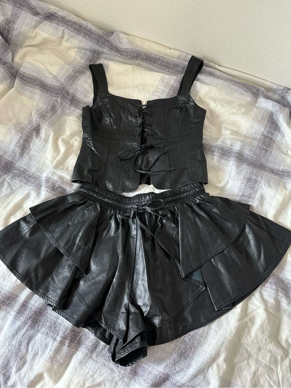 American Threads Black Faux Leather Corset Top & Layered Skort Set